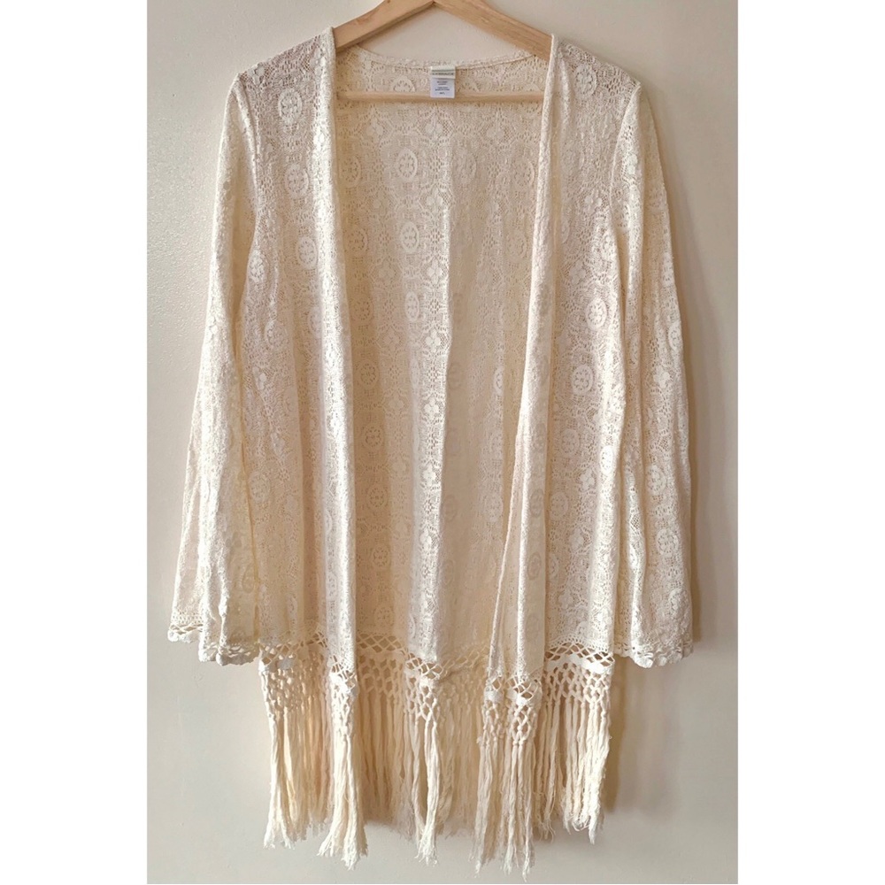 L*Space • M/L • Cream Open Front Lace Swim Cover Up Crochet Macramé Fringe - Picture 2 of 4